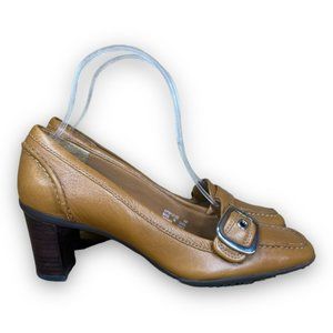 Rockport Square Toe Buckle Heels APW1313B Leather Slip On Tan RARE Women 6M